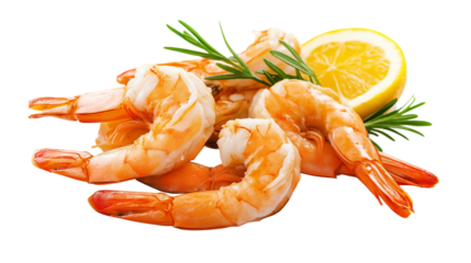 shrimps with lemon isolated on a white background , transparent png