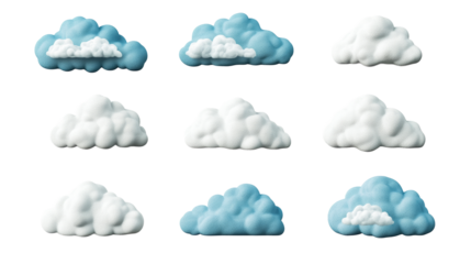Set of fluffy clouds of different colors and shapes, cut out transparent