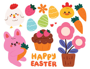hand drawing cartoon easter sticker set. cute sticker with bunny, chicken and plant drawing for easter vibes, doodle set