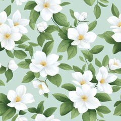 Obraz premium Seamless Floral Pattern Featuring Delicate White Flowers and Lush Green Leaves on Mint Green Background