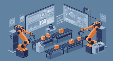 Automated factory production line with robotic arms and conveyor belts. Industry 4.0