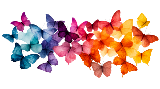 Colorful butterflies arranged in a row, vibrant palette, cut out transparent