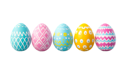 Row of patterned Easter eggs on black background, cut out transparent