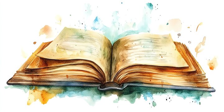 Aged book pages spread wide, showing yellowed paper and rich texture in a watercolor painting Style is vintage and evocative Perfect for book covers or literary projects