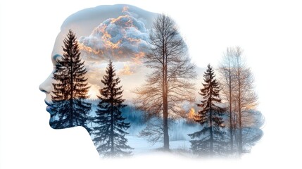 A surreal illustration merges a girl's profile with trees and fire, using vibrant blues to evoke deep emotions