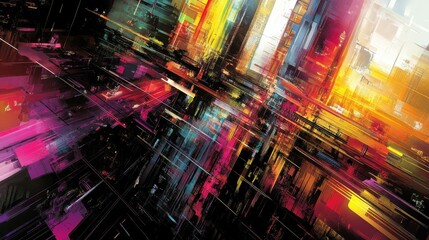 Dynamic Abstract Urban Landscape with Vibrant Colors and Chaotic Architectural Structures