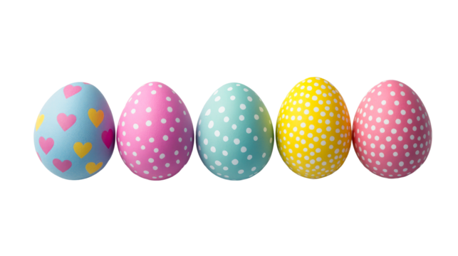 Easter eggs assortment with hearts and dots pattern , cut out transparent