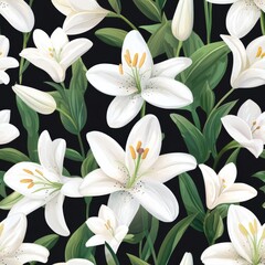 Seamless Pattern Featuring White Lilies with Green Leaves Against a Dark Background