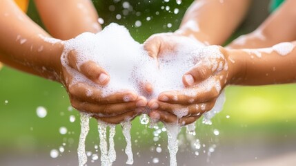 Fototapeta premium Children Engaged in Fun Activity of Washing Hands with Soap and Water Outdoors