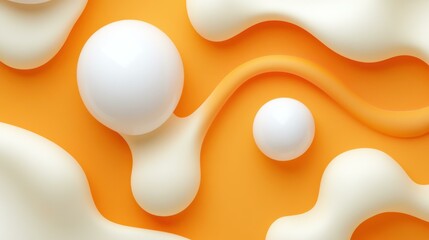 Abstract arrangement of white spheres and rounded shapes on an orange background, rendered in smooth 3D for a modern aesthetic.