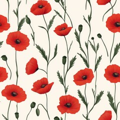 Fototapeta premium Seamless Pattern of Vibrant Red Poppy Flowers with Green Leaves on a Light Beige Background