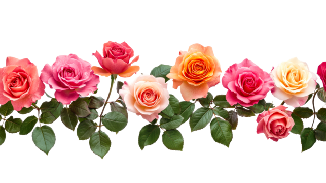 Roses row, varied shades of flower heads, dark background, cut out transparent