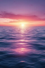 Fototapeta premium Serene seascape at dusk with a radiant sun casting a golden glow across the tranquil water surface and pink sky creating a peaceful and scenic view