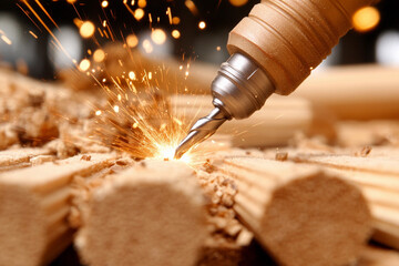 Close-up view of a drill creating a precise hole in wooden material with sparks flying in a workshop setting