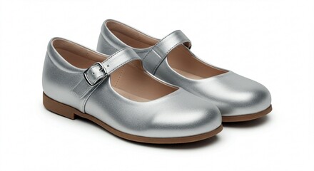Elegant Silver Mary Jane Shoes for Girls Buckle Closure Child s Footwear Close up Studio Shot