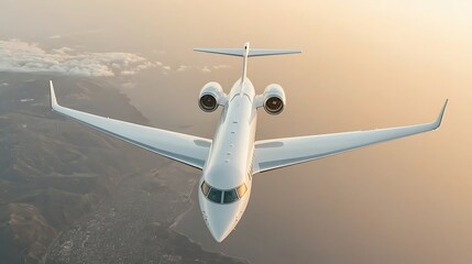 Fototapeta premium A jet soars through the sky, wings stretched wide above a coastal landscape bathed in warm light