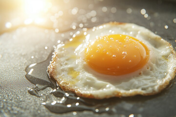 Cooking a sunny side up egg on a skillet with a warm glow in the morning