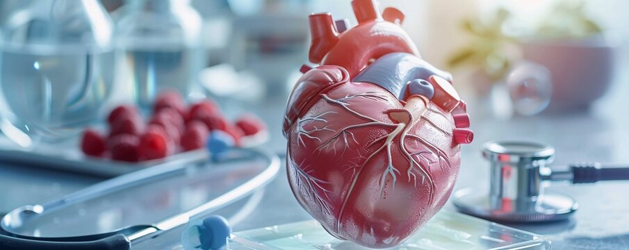 Anatomical heart model with stethoscope and healthy food in medical research facility, promoting awareness of cardiovascular health - Powered by Adobe