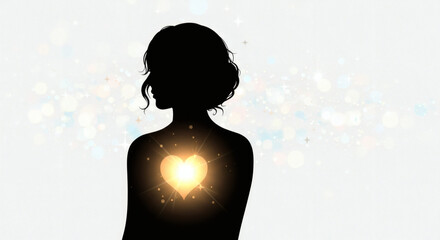 Silhouette of a woman expressing love with a glowing heart background  