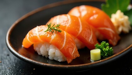 Variety of sushi pieces, wasabi, ginger, soy sauce , meal, culinary, elegant