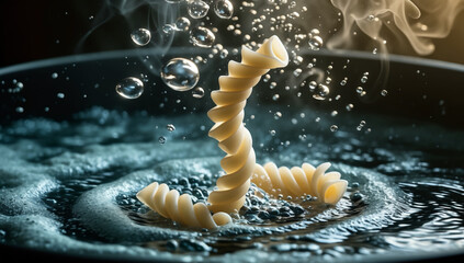 Penne pasta drops into a pot of boiling water. Bubbles erupt around it.