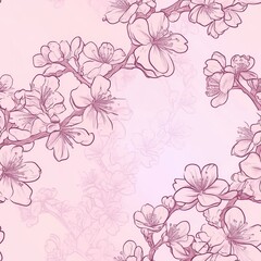 Delicate Cherry Blossom Pattern with Intricate Line Art on Soft Pink Background