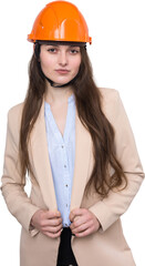 A girl architect in a suit and an orange construction helmet stands on a white background.