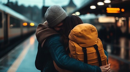 Tearful Train Station Goodbye Couples Embrace.