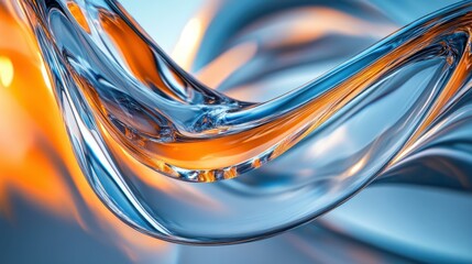 Abstract translucent wave with gradient orange and blue hues, showcasing flowing motion, glossy surface, and dynamic light reflections