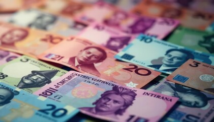 Obraz premium Abstract blurred background with various currency notes, bills, texture background