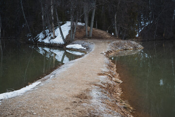 A picturesque dirt path meanders through the tranquil woods, leading to a serene body of water surrounded by natures beauty and calmness, perfect for reflection and peace