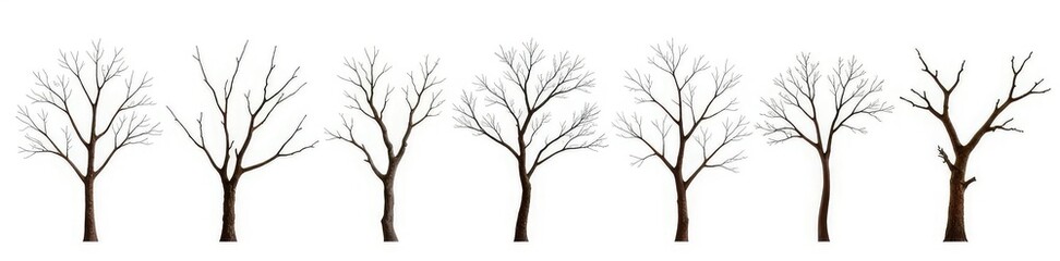 Obraz premium An assortment of bare branches with different textures isolated on a white background, natural tones, rough bark