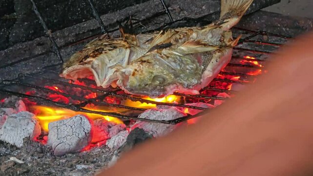 close up footage of the process of grilling fish on a charcoal stove, cooking grilled fish