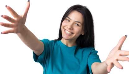 Portrait of attractive young woman wants to hug you, isolated on grey background.