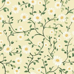 Seamless Floral Pattern Featuring White Daisies and Green Leaves on Soft Yellow Background