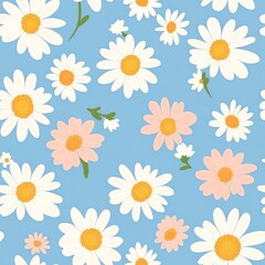 Seamless Floral Pattern Featuring White Daisies and Pink Flowers on a Light Blue Background
