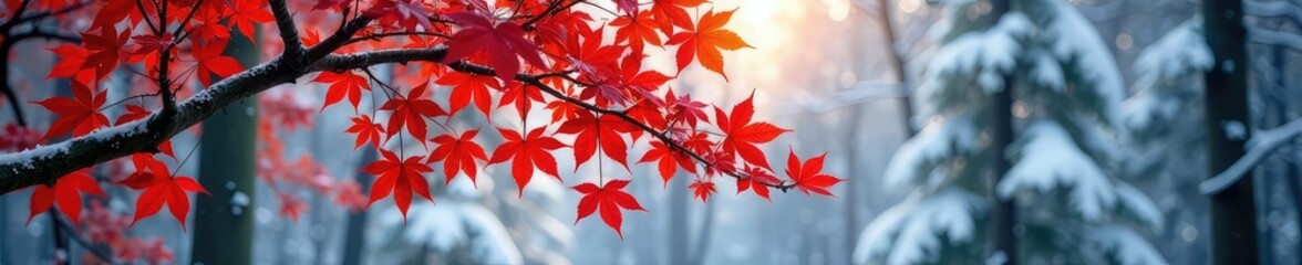 Branches of a maple tree isolated in a snowy forest, snow, trees