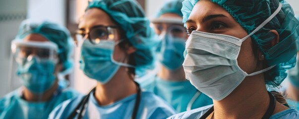 Surgeons in operating room prepared for surgery, wearing surgical masks and caps
