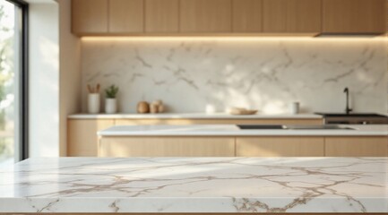 Clean marble is prominent in the foreground, with a modern, minimalist kitchen faintly visible in the background.
