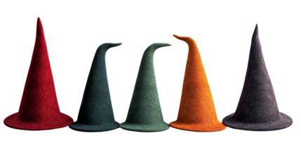 Colorful Felt Witch or Gnome Hats in a Row, cut out transparent