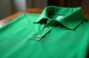 green polo shirt neatly folded on wooden surface. casual fashion, clothing, retail display. apparel design, branding, online store, shopping concept.