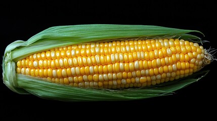 Fresh corn cob showing kernels and husk on black background