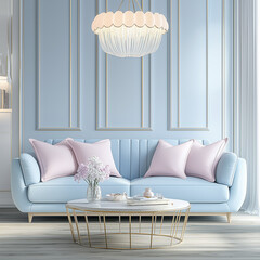 Elegant living room interior with light blue sofa and gold chandelier