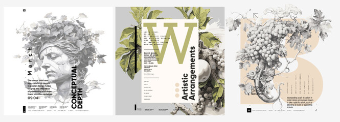 Ancient Greek painting and sculpture. Antique bust, branches with foliage and vines. Typography poster design and vectorized watercolor paintings on a background.