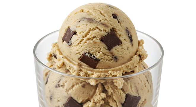 A glass bowl filled with two scoops of chocolate chip cookie dough ice cream on a black background