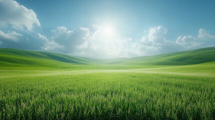 Obraz premium Rolling green hills and sun shining over a vast field of lush grass