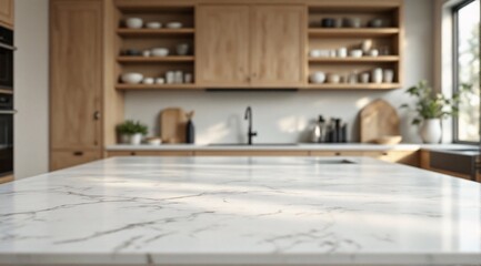 Clean marble is prominent in the foreground, with a modern, minimalist kitchen faintly visible in the background.