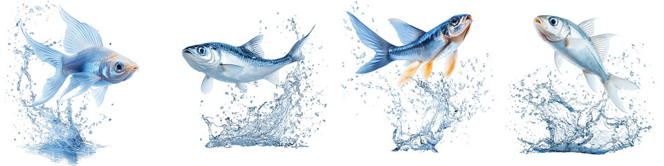 Colorful fish jumping out of water splashes aquatic life on transparent background
