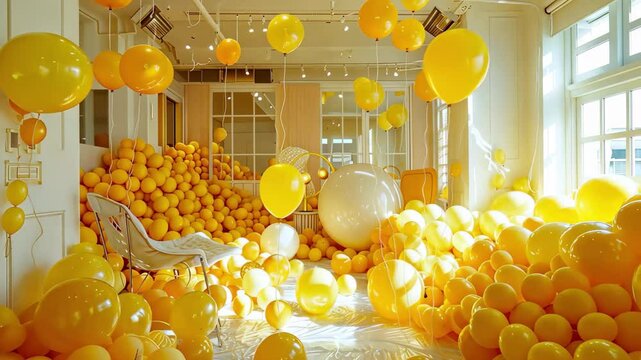 This lively space brims with yellow balloons of various sizes, creating a cheerful and whimsical environment filled with light.