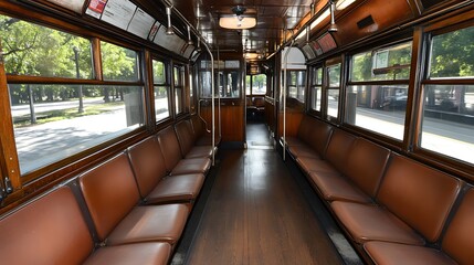 Fototapeta premium Vintage Tram Interior Nostalgic Ride with Wooden Seats, and City View.